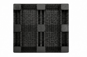 Black plastic pallet top view showing reinforced grid pattern